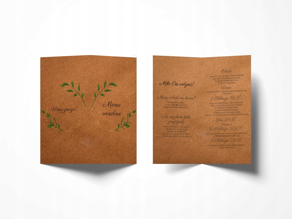 Menu weselne, papier eko, kwiaty, liście
