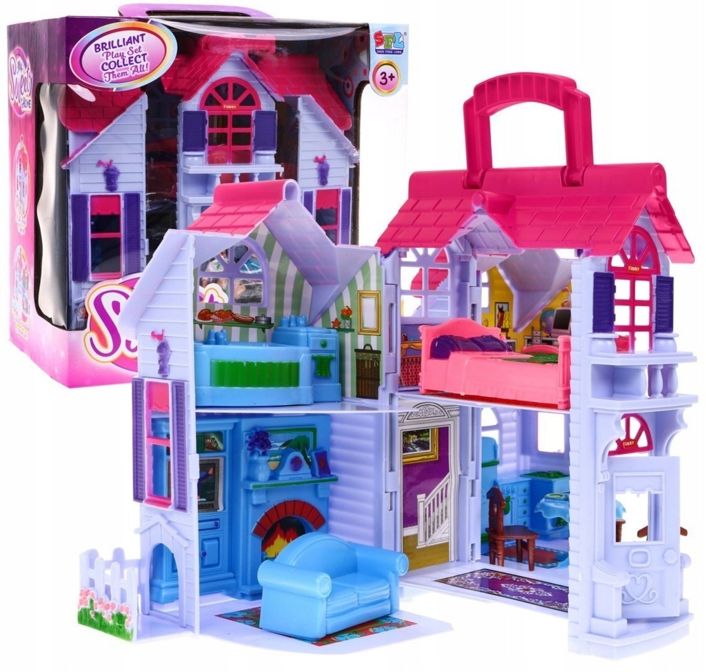 Domek dla dzieci 3+ Fioletowy + Figurki+Pies+ Meble + 2 piętra