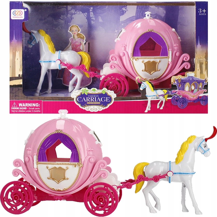 RÓŻOWA KARETA Z KONIEM W ZAPRZĘGU DLA LALEK