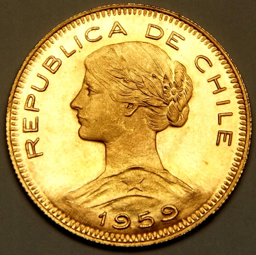 100 pesos 1959 Chile - złoto - mennicze - rzadkie