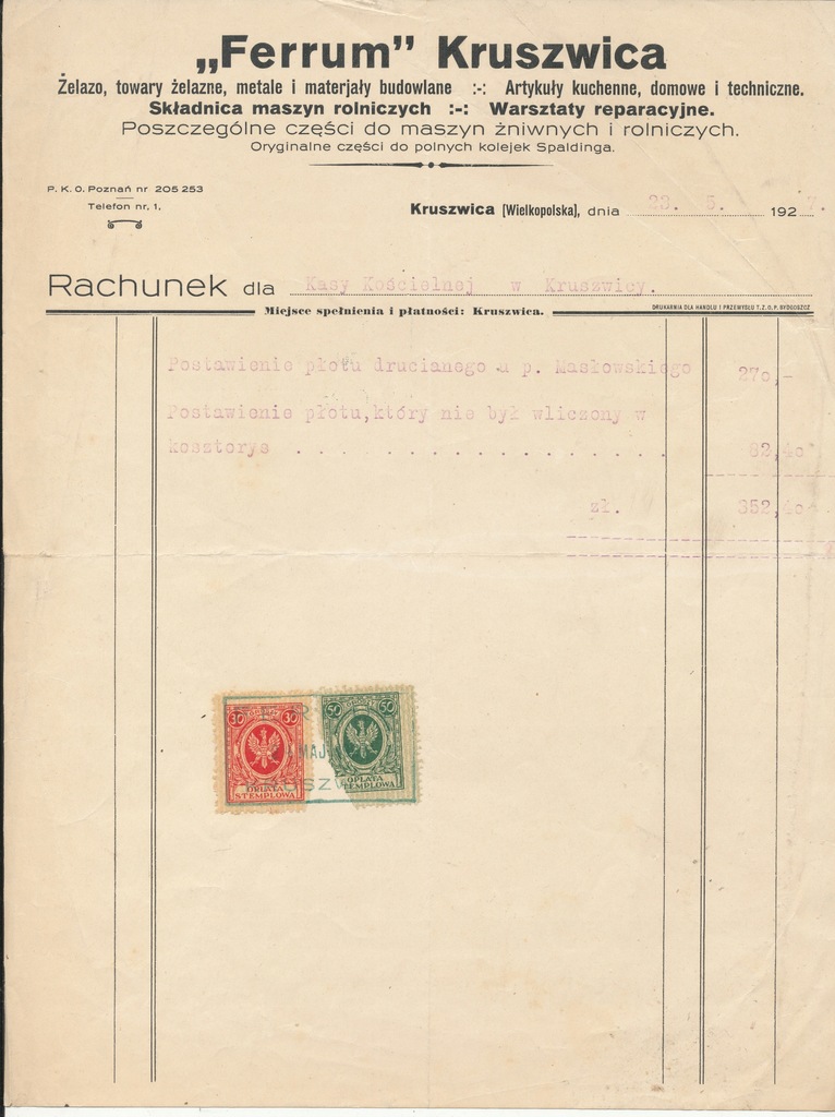 Ferrum Kruszwica Rachunek 1927 r.wym.29 X 22 cm.