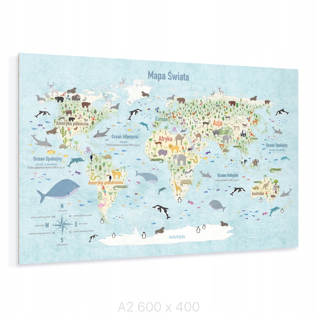 Plakat - tablica A2 60x40 - Mapa świata - zwierzęta (do powieszenia)