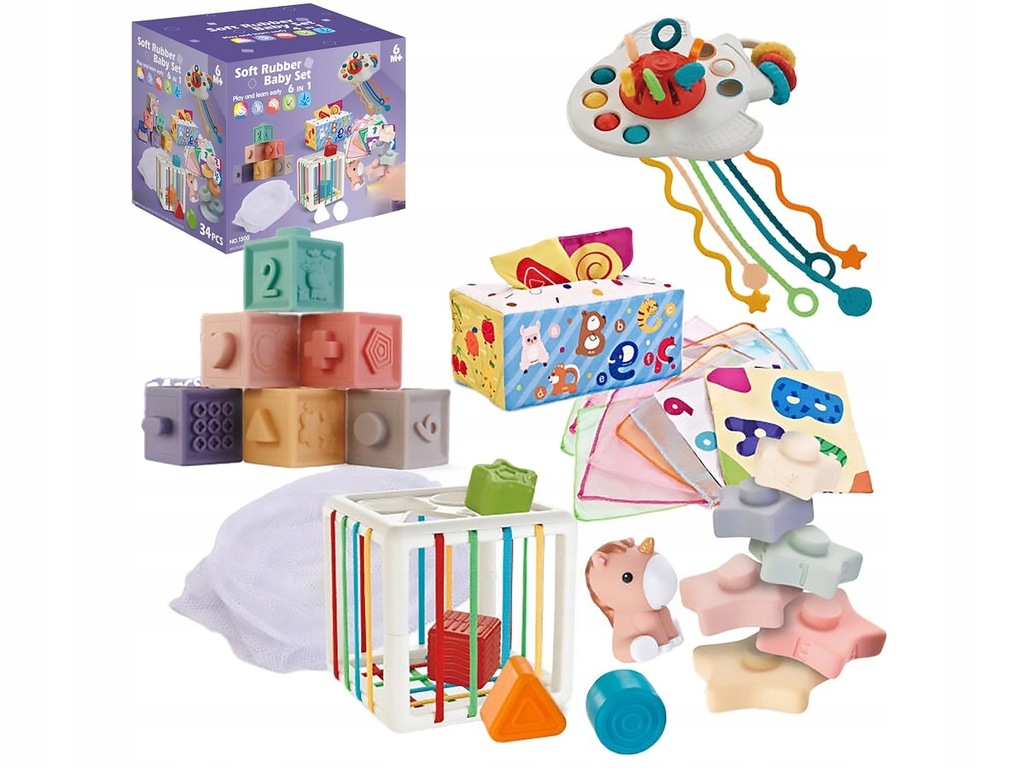 SENSORYCZNY EDUKACYJNY DUŻY ZESTAW DLA MALUCHA 6W1 KLOCKI WIEŻA CHUSTECZKI