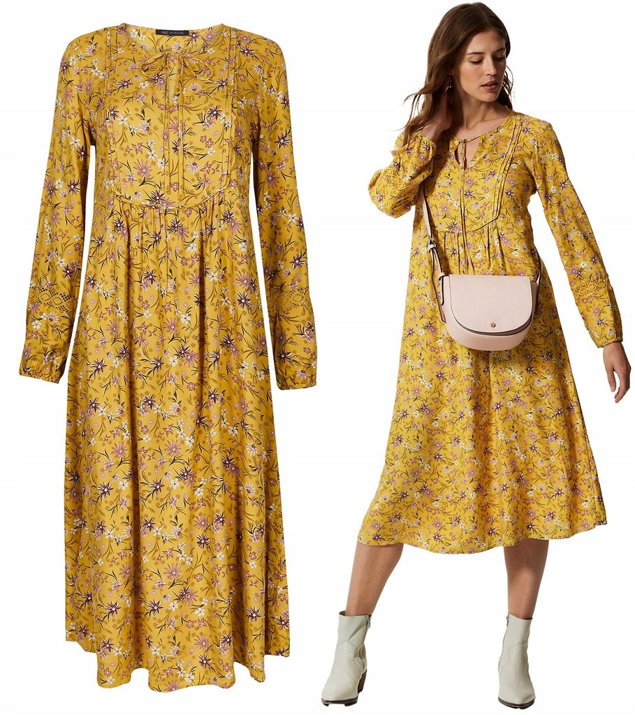 M&S trapezowa sukienka żółta kwiaty boho 50-52