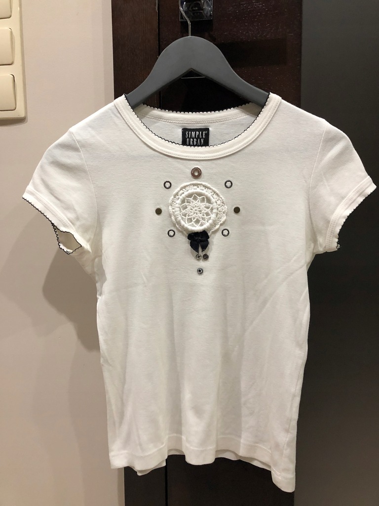 Simple 36 t-shirt S biały czarny koronka bluzka