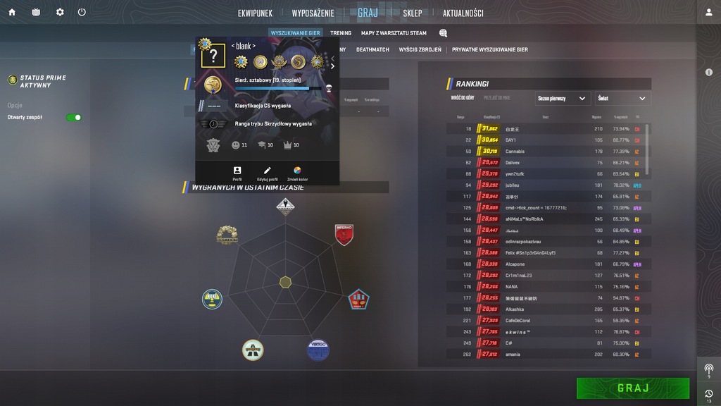 KONTO CS:GO CS2 COUNTER-STRIKE 2, 2696H, PRIME, MEDALE, ŻETONY, ODZNAKI