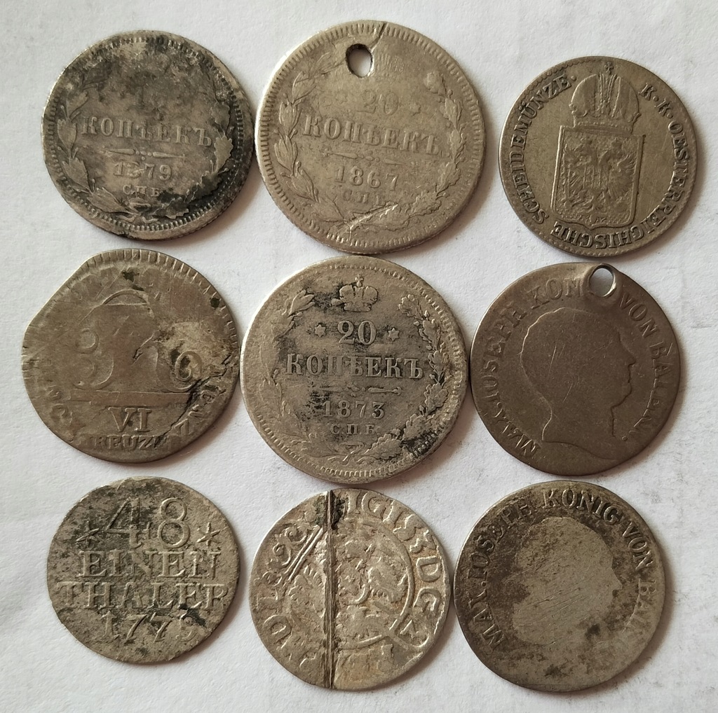 zestaw monet Europa stare sreberka bilon XVIII i XIX wiek 9 szt.