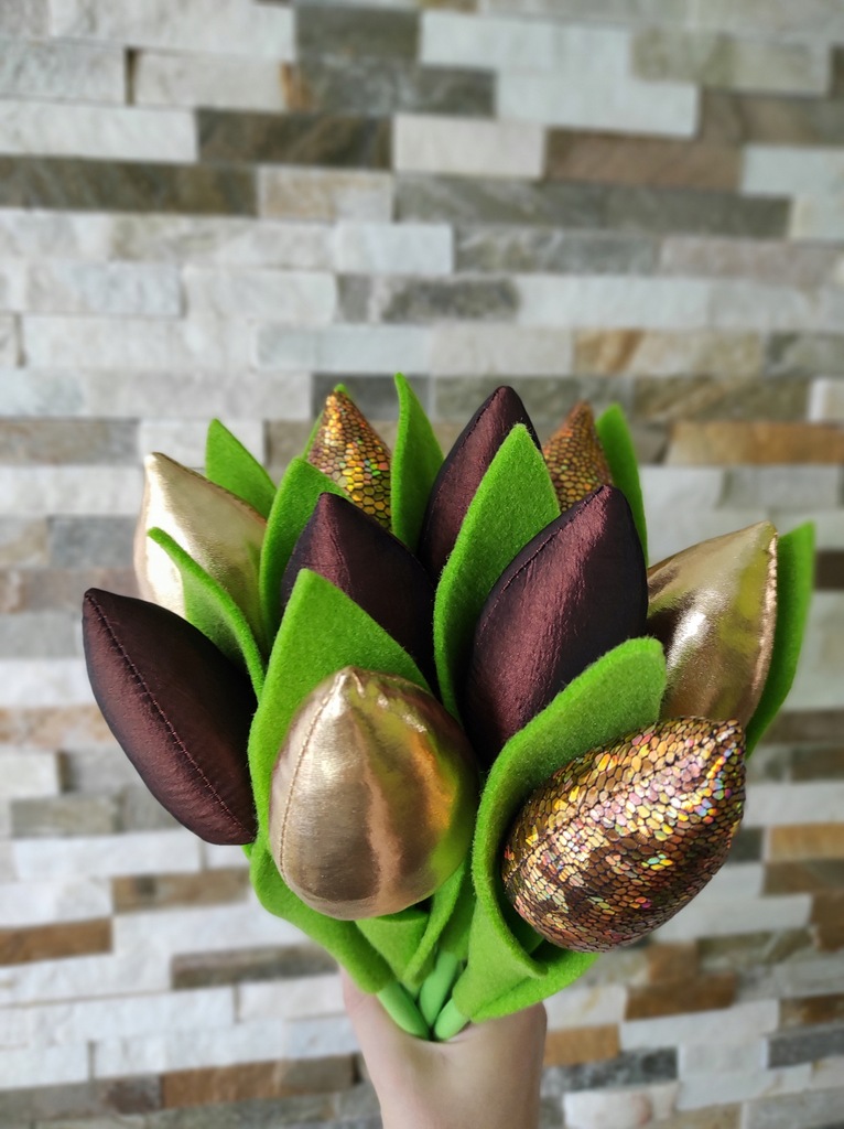 Tulipany szyte BUKIET 10szt brąz złoto