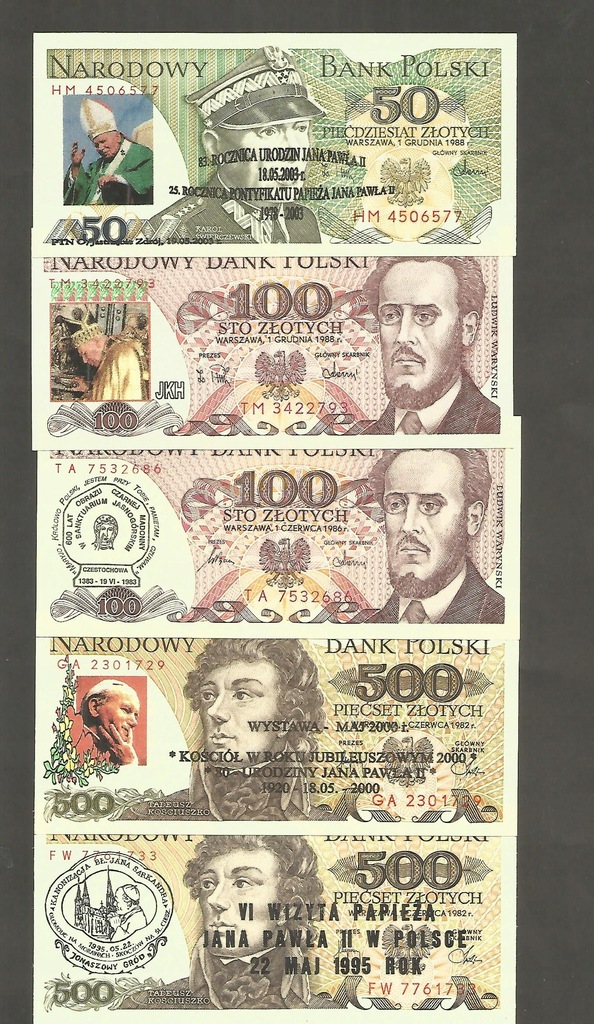 BANKNOTY PRL Z NADRUKIEM Jan Paweł II - 5 szt - z7