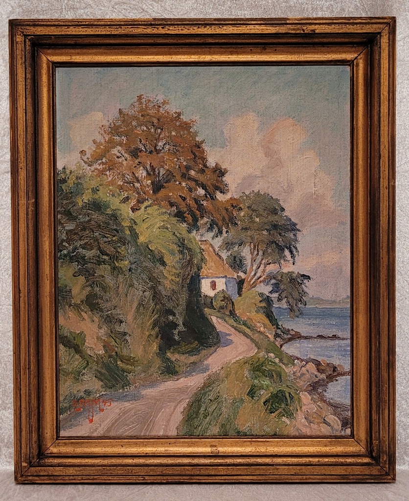 MARIUS MIKKELSEN ( 1872 - ? ) - „ DOM NAD MORZEM ”, obraz olejny z 1945 r.