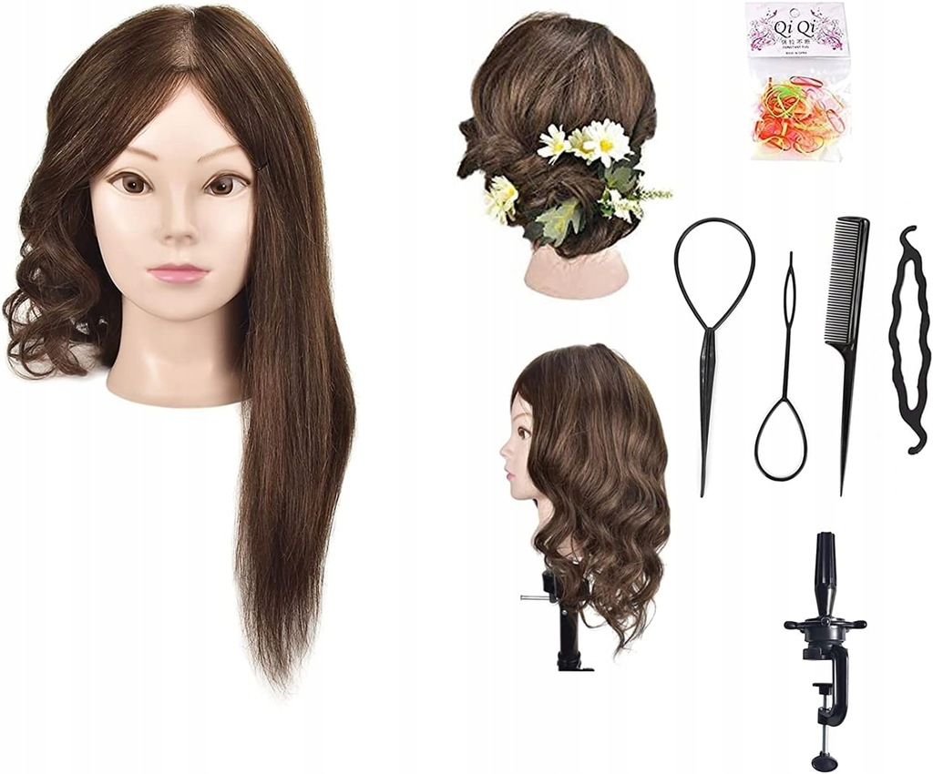 GŁÓWKA głowa fryzjerska treningowa do czesania NATURALNE WŁOSY BRĄZ 45cm