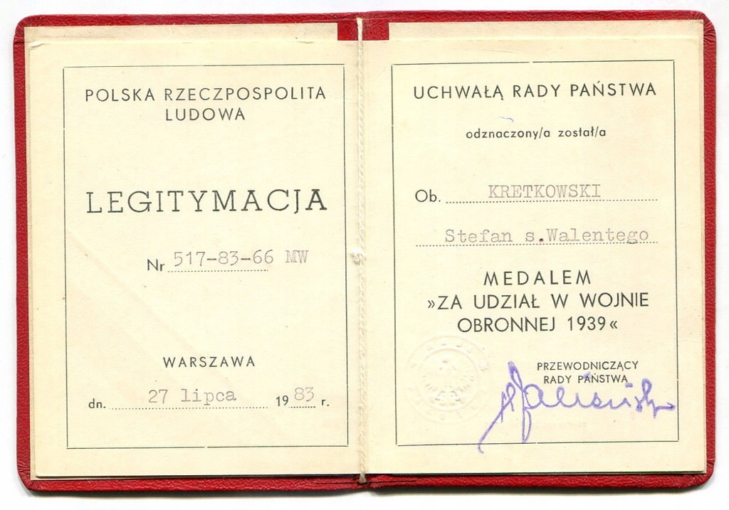 Medal za wojnę obronną 1939 legitymacja z 1983