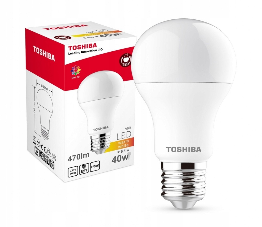 TOSHIBA Lampa LED 5,5W 230V 470lm b.ciepły A60