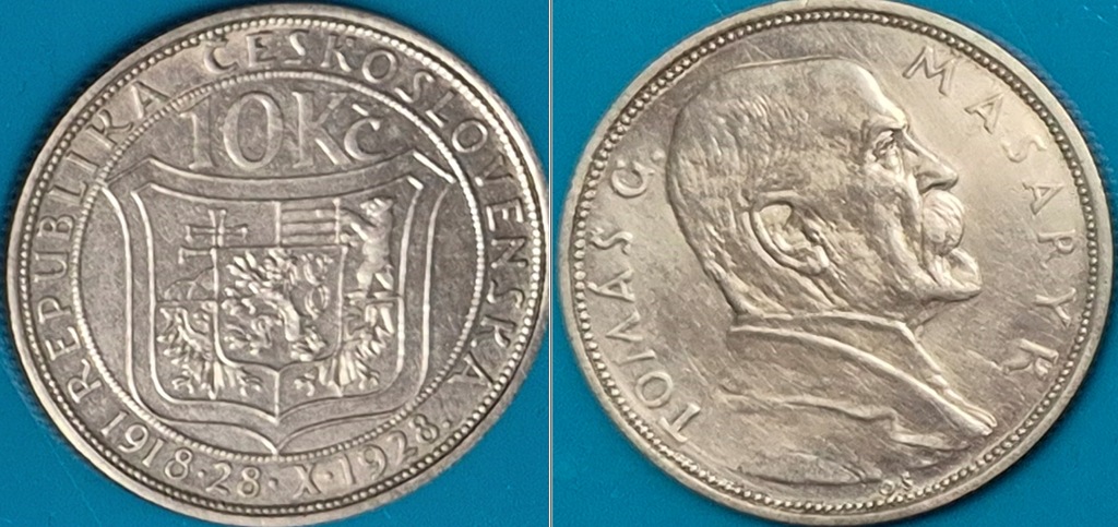 Czechosłowacja 10 koron 1928r. Tomas Masaryk KM 12 srebro 10 gram
