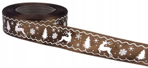 WSTĄŻKA atłas świąteczna choinka BRĄZOWY 25mm/25y