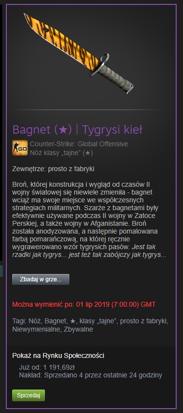 Skin CS:GO Nóż Bagnet Tygrysi kieł Tiger Tooth