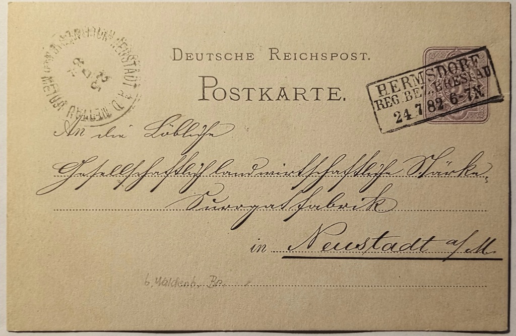 HERMSDORF do NEUSTADT Całostka 1882 rok.