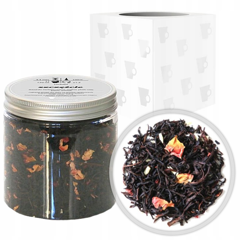 Czarna herbata mieszanka sypana SZCZĘŚCIE malina płatki róży kokos 120g