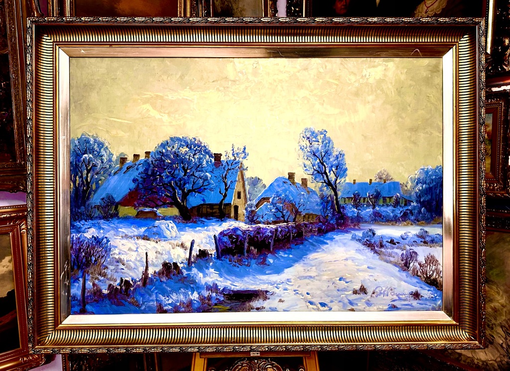 Gustav P. RIMMER - STARE CHATY POKRYTE ŚNIEGIEM OGROMNY CENNY OBRAZ I ...