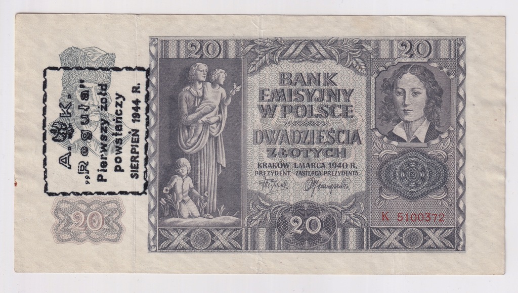 20 Złotych Polska 1940 Seria K nadruk powstańczy