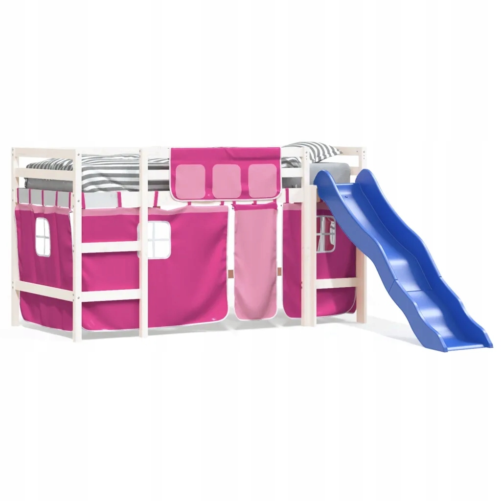 Dziecięce łóżko na antresoli, różowe zasłonki, 90x200 cm, sosna