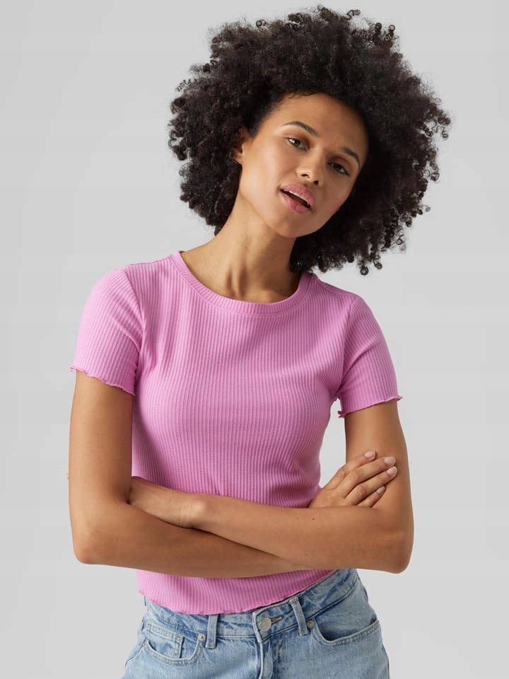SMART Casual Damska Prążkowana Różowa koszulka Vero Moda