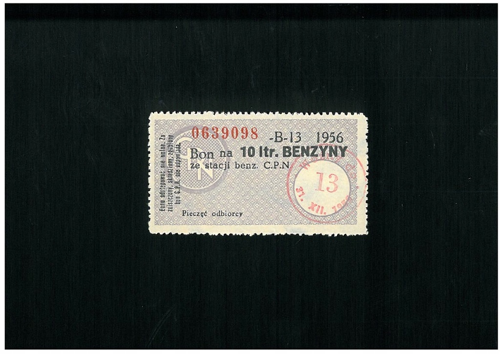 Bon na benzynę - 10 l - 1956 r. - UNC