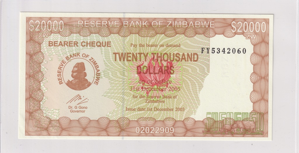 20000 Dolarów Zimbabwe 2003 P#23 UNC