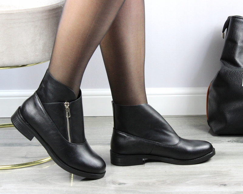 Купить Черные женские ботинки на плоской подошве, экокожа: отзывы, фото, характеристики в интерне-магазине Aredi.ru