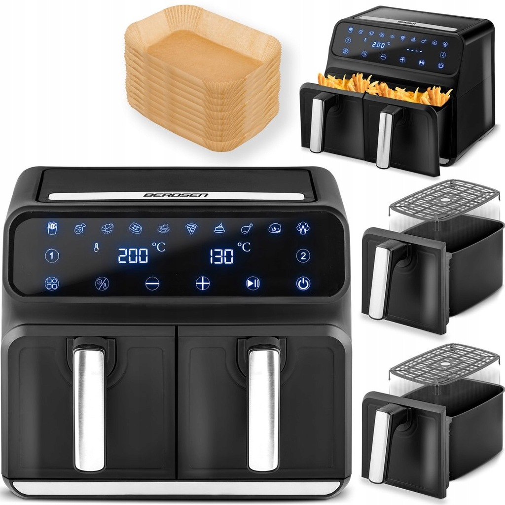 PODWÓJNA FRYTKOWNICA BEZTŁUSZCZOWA LCD 9L 2 KOSZYKI 2850W 12 PROGRAMÓW