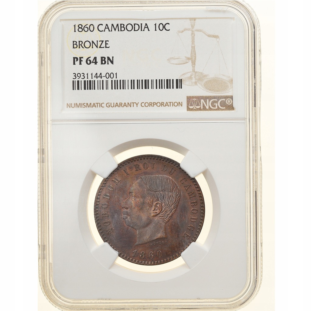 Moneta, Kambodża, Norodom I, 10 Centimes, 1860, Br