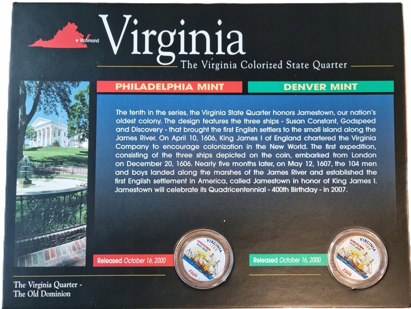 Blister 25 cent (2000) Stany USA - Virginia KOLOR Mennica D + P komplet