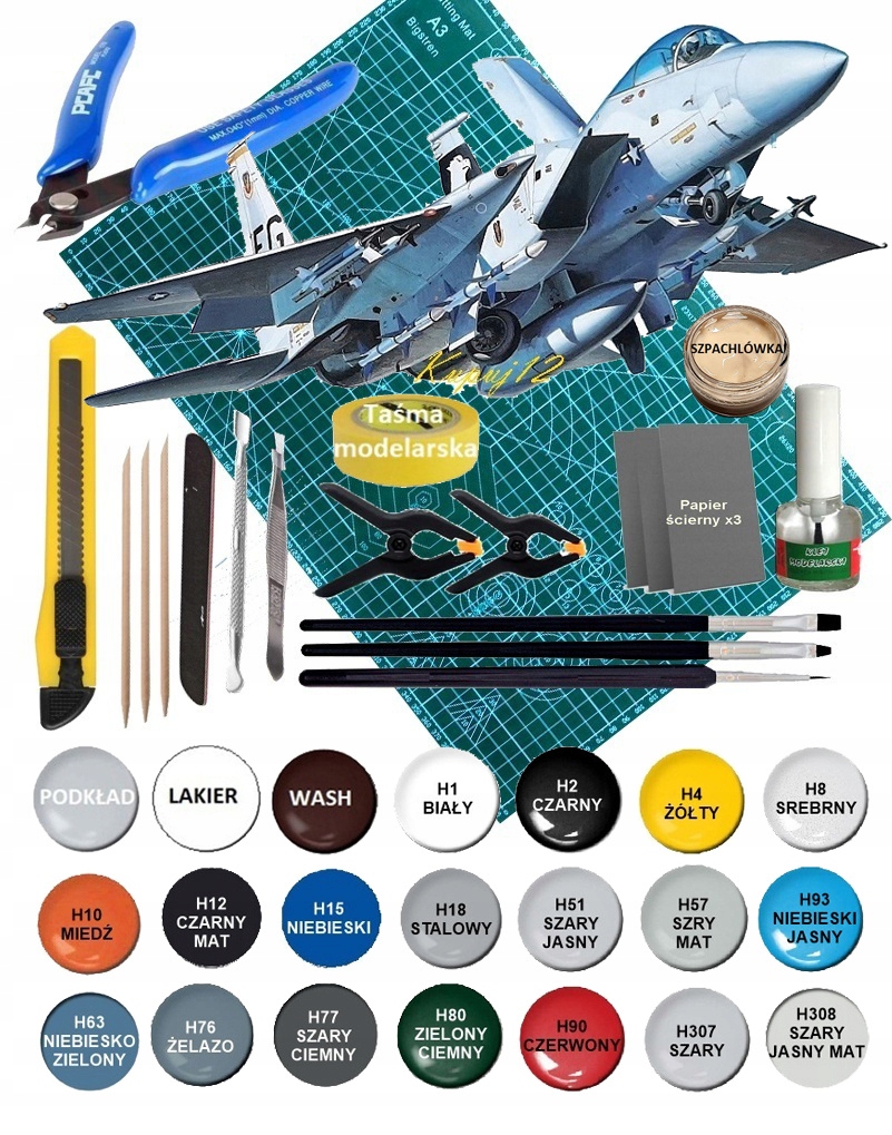 Model samolotu F-15C EAGLE amerykański myśliwiec+ mata, farby, klej, pędzle
