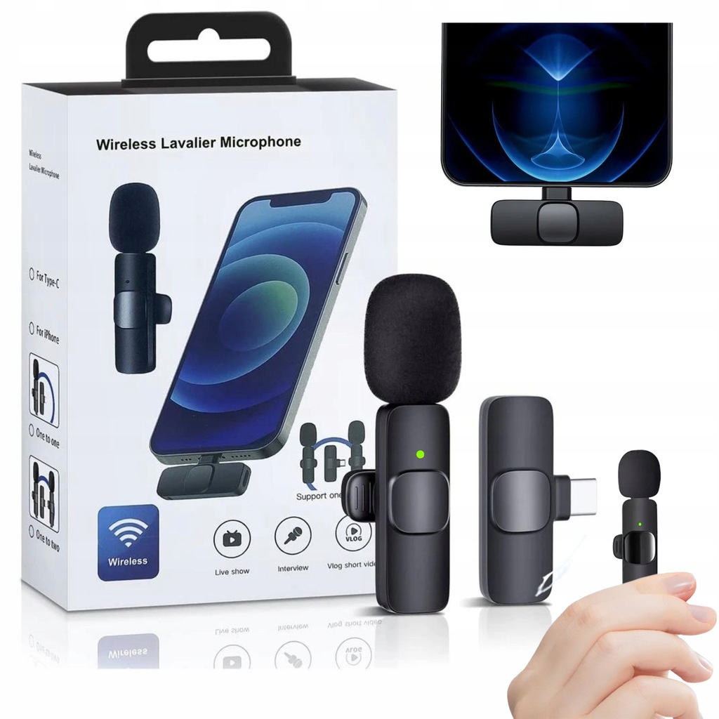 MIKROFON BEZPRZEWODOWY KRAWATOWY KIESZONKOWY BLUETOOTH LEKKI CZUŁY TYP C