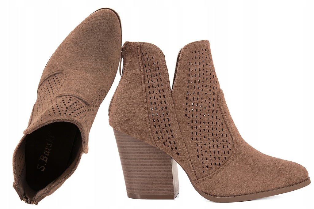 S.BARSKI HY51-060 AŻUROWE BOTKI DAMSKIE KOWBOJKI ZAMSZOWE EKO coffee 37 Brą