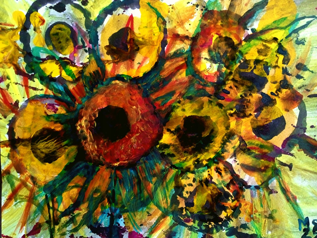 Pole słoneczników - tusze akrylowe na papierze - malarstwo autorskie - 2025