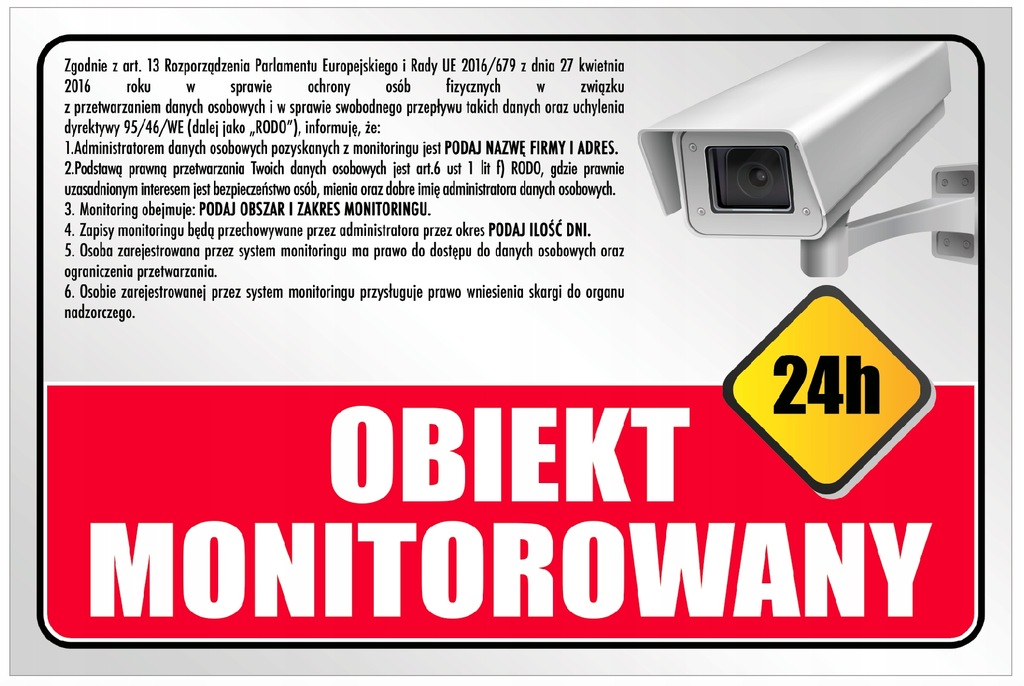 RODO tablica OBIEKT MONITOROWANY 24h tabliczka