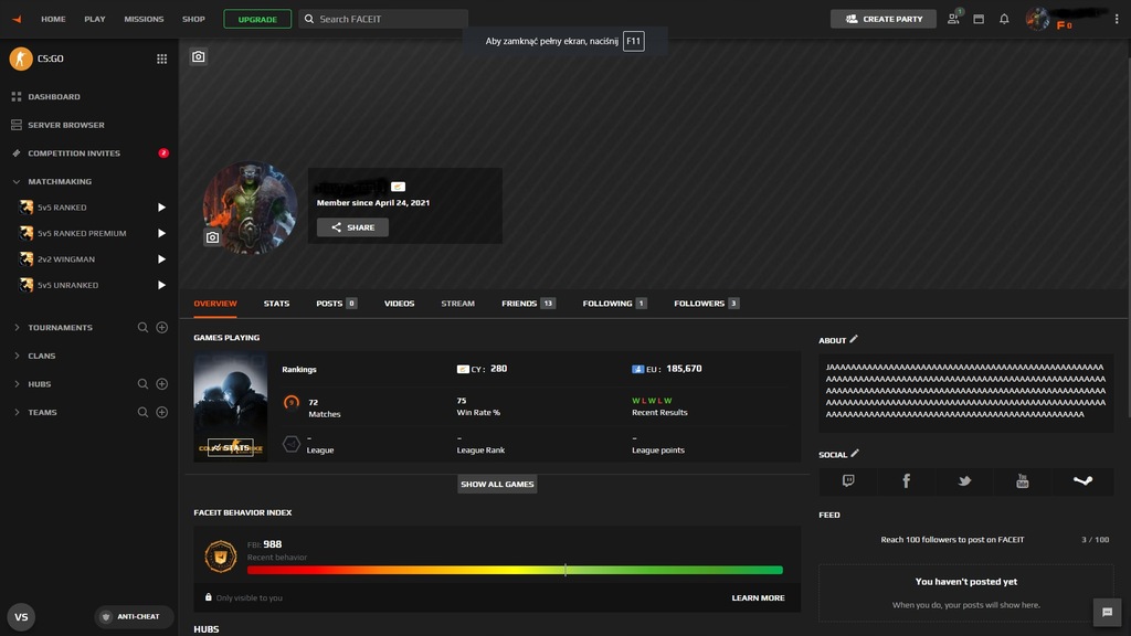 Konto steam,cs go, faceit level 9, prime, do nego