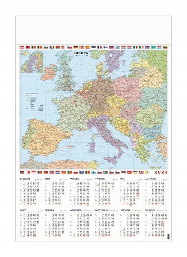Europe mapa UE Europa kalendarz B1 ścienny 2024 Unia Europejska