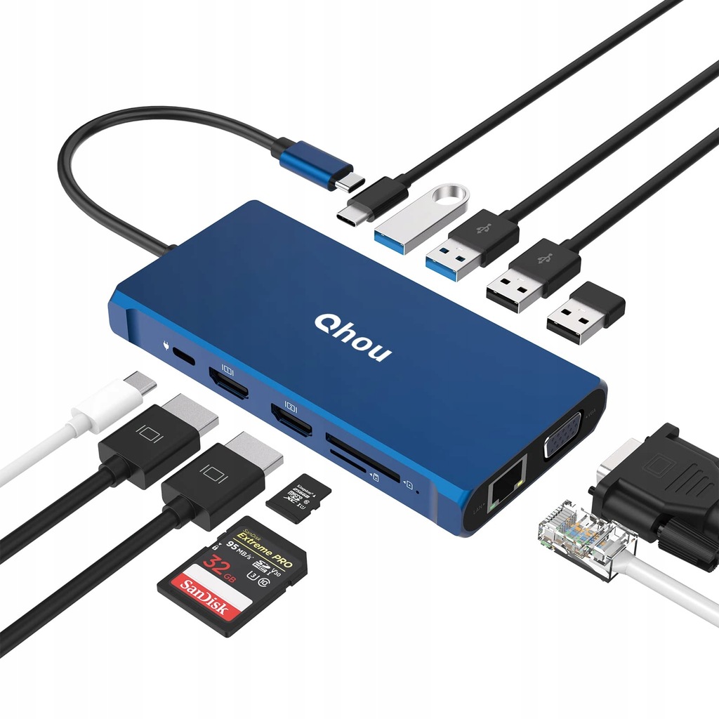 Stacja dokująca USB C Hub Dual HDMI, Qhou 12 w 1