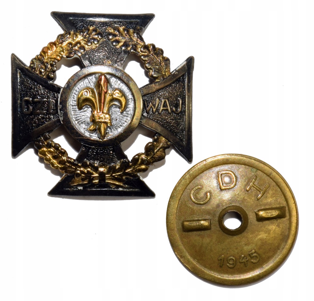 Odznaka harcerska Krzyż ZHP CDH 1945 - złota lilijka i złocony wieniec