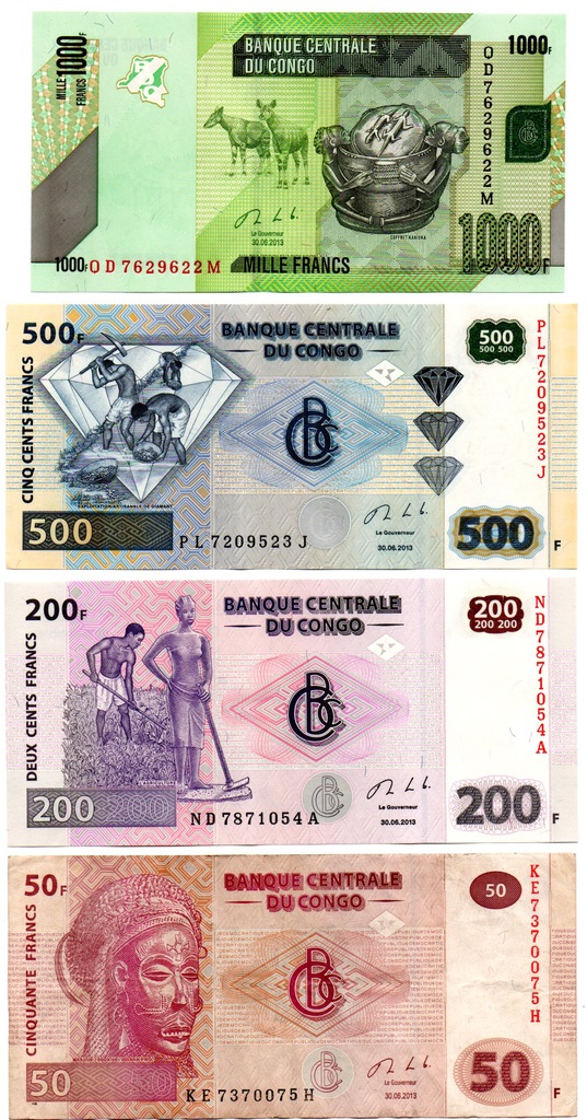 Demokratyczna Republika Kongo. Banknoty 50 , 200 , 500 , 1000 Franków