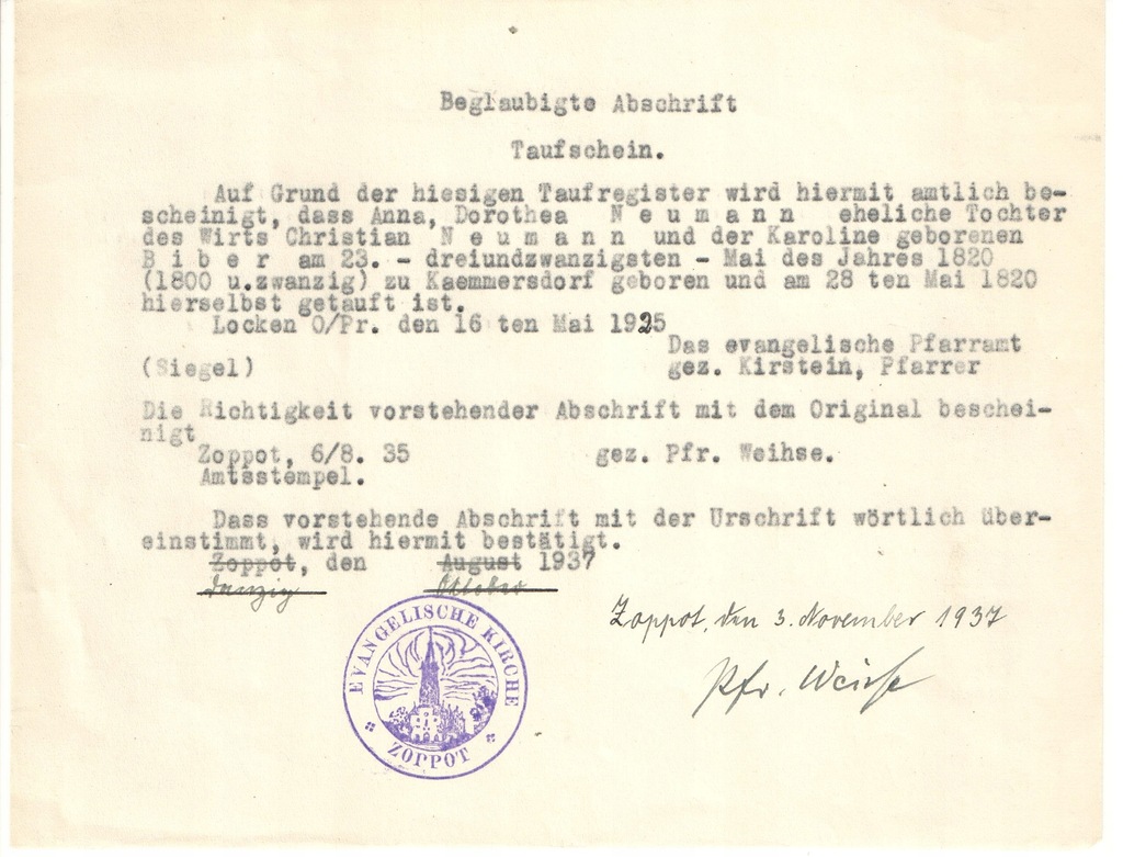Niemiecki dokument Sopot Wolne Miasto Gdańsk 1937