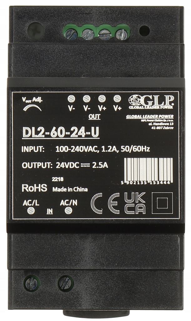 ZASILACZ 24 V DC 2.5 A 60 W NA SZYNĘ DIN GLP 24V