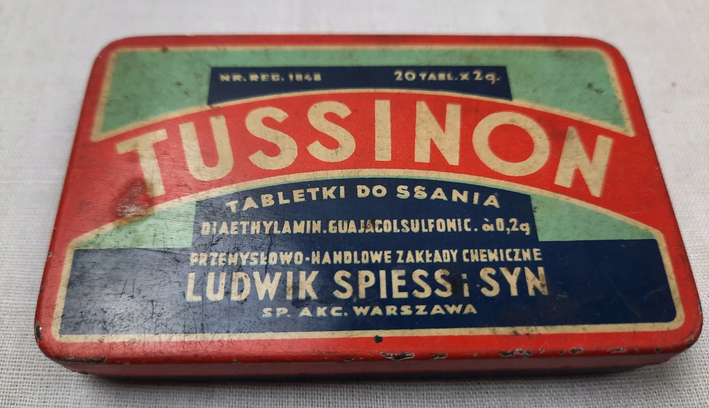 Puszka pudełko Tussinon tabletki Warszawa PRL