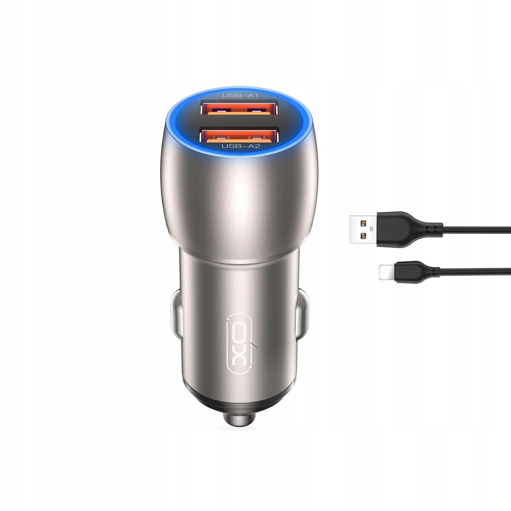 XO ładowarka samochodowa CC52 QC 36W 2x USB szara + kabel Lightning
