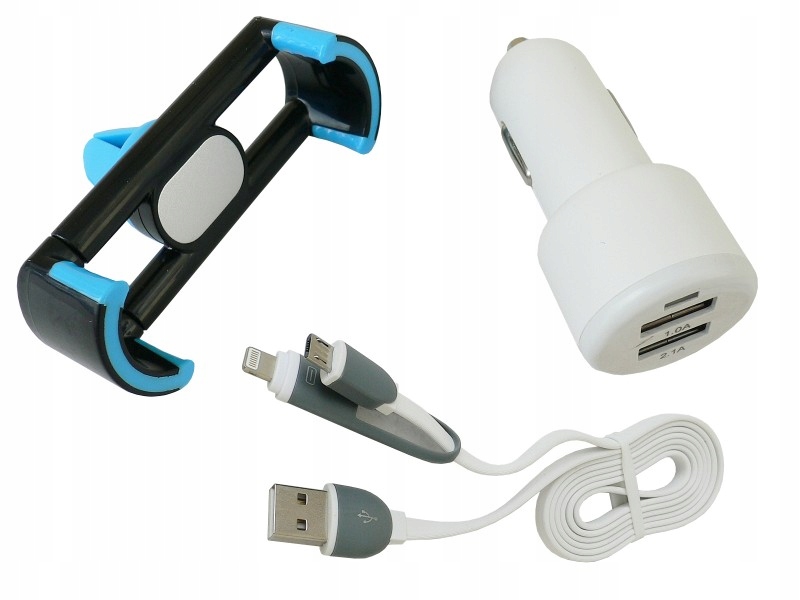 Zestaw Samochodowa Ładowarka i Uchwyt do Auta - USB Micro i iPhone do Kratk
