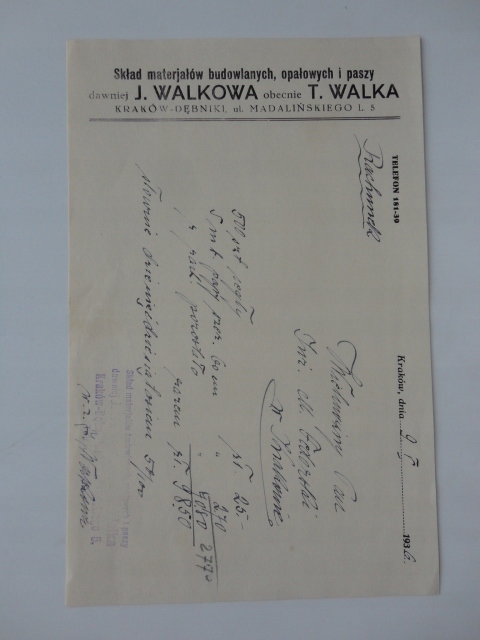 KRAKOW DEBNIKI MADALINSKIEGO SKLAD MATERIALOW WALKOWA RACHUNEK 1936 ROK