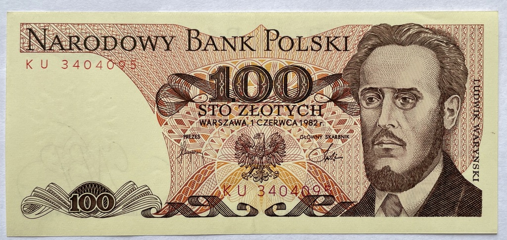 Banknot 100 zł 1982, PRL, Ludwik Waryński, seria KU, st. 1