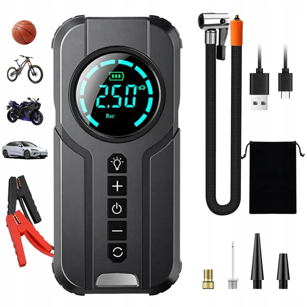 JUMP ROZRUSZNIK SAMOCHODOWY KOMPRESOR SAMOCHODOWY POMPKA 2W1 12V 1000A